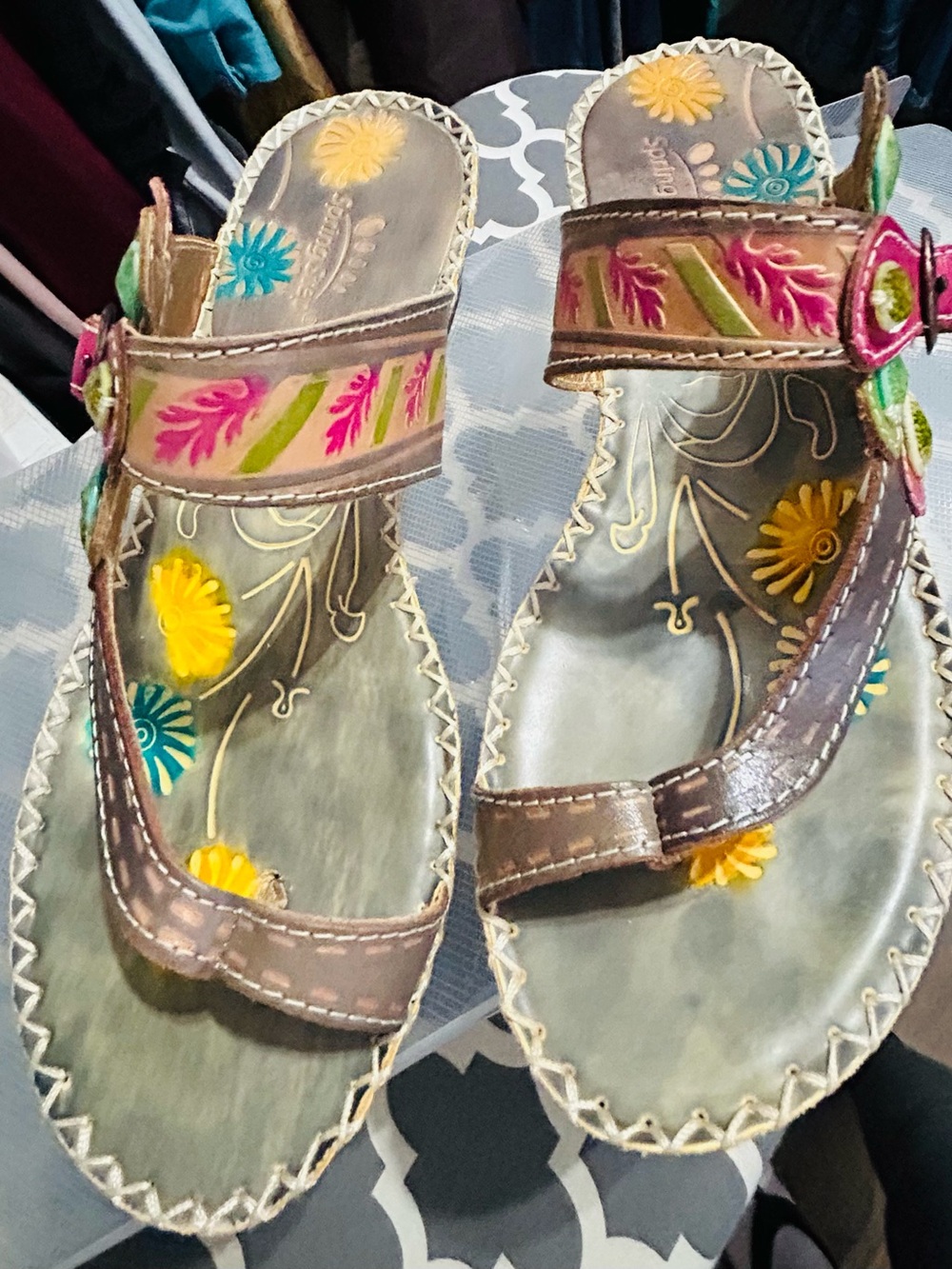 Spring Step Hand-Painted Brown Floral Leather Women’s Sandals